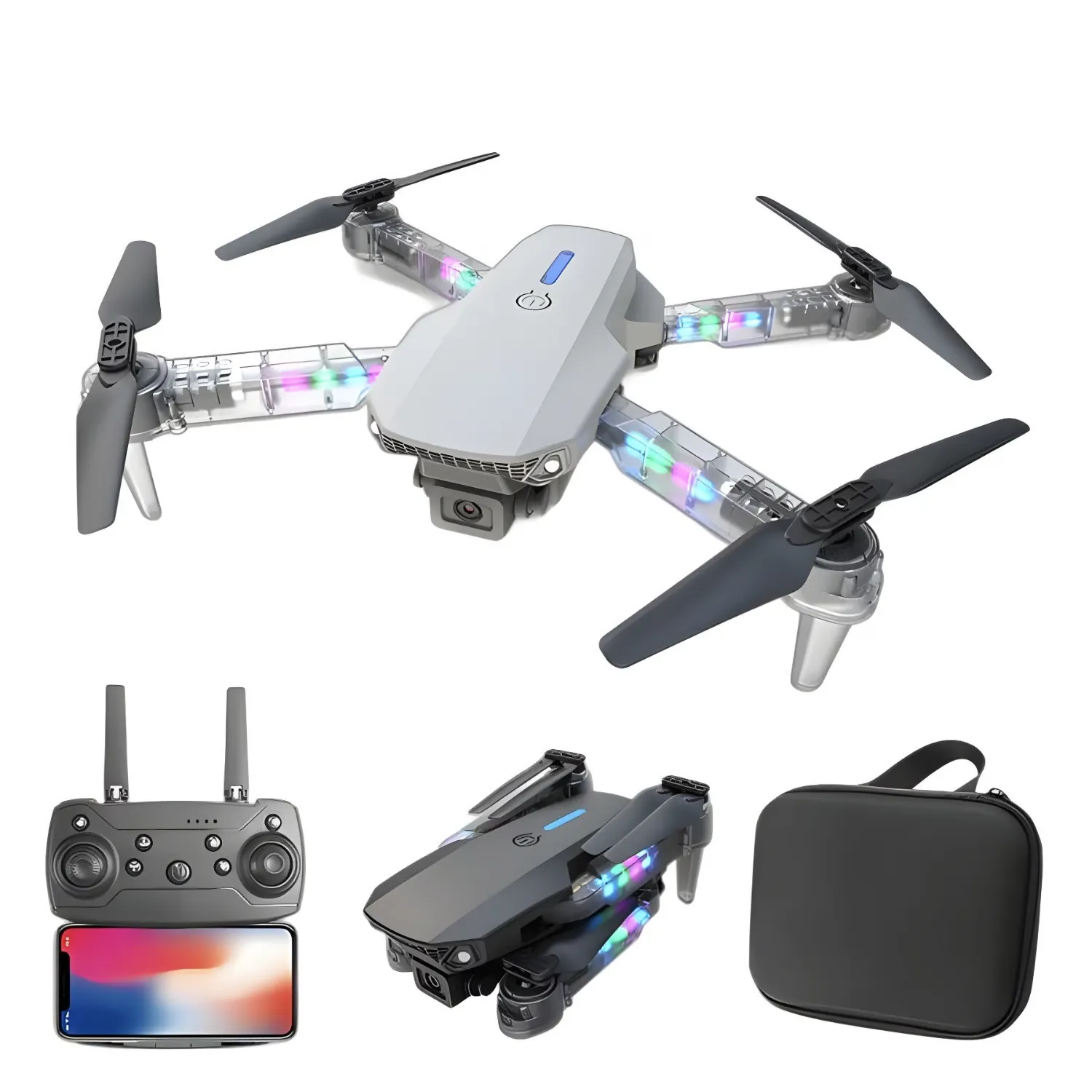 Drone E88D Max con Doble Camara HD luz RGB incluye Estuche y Repuestos miniatura 2